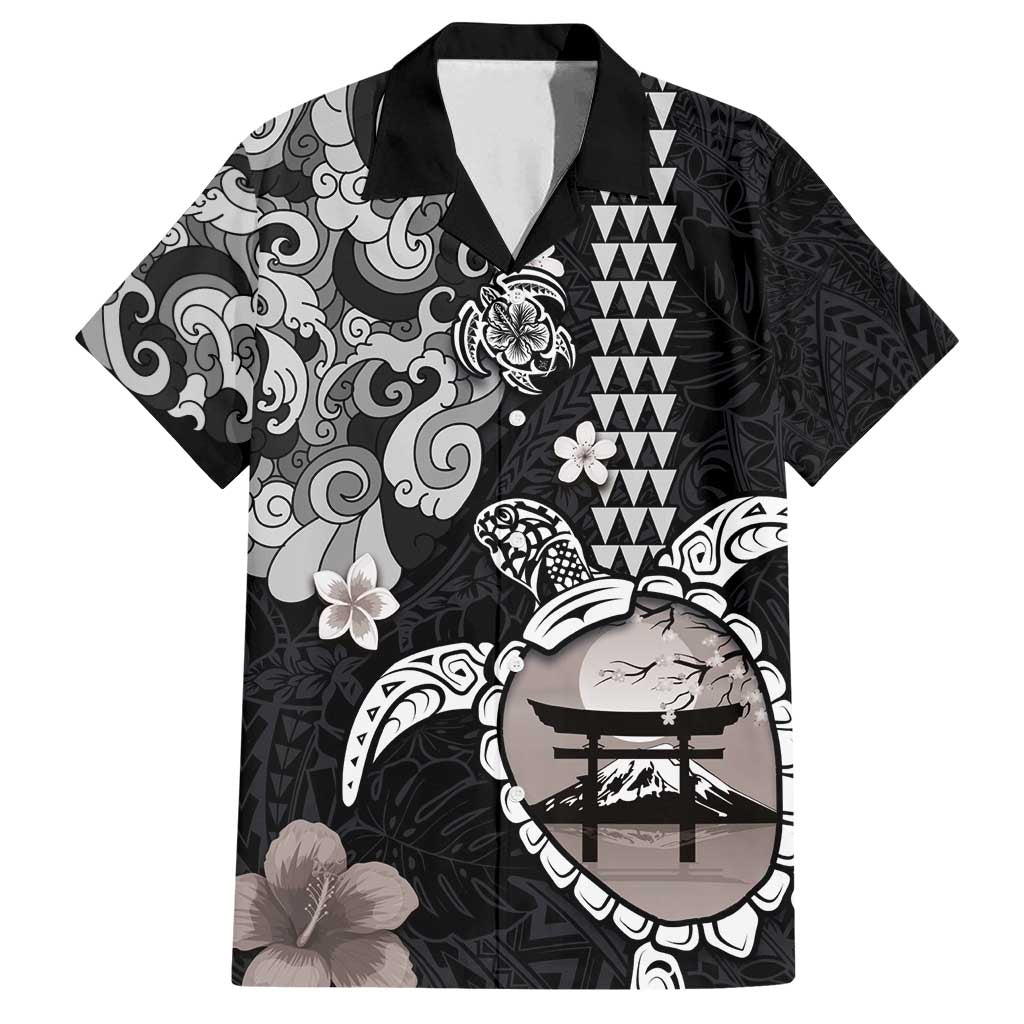 Hawaiian and Japanese Together Family Matching Tank Maxi Dress and Hawaiian Shirt Japanese Culture and Turtle Kakau Tattoo Black Color
