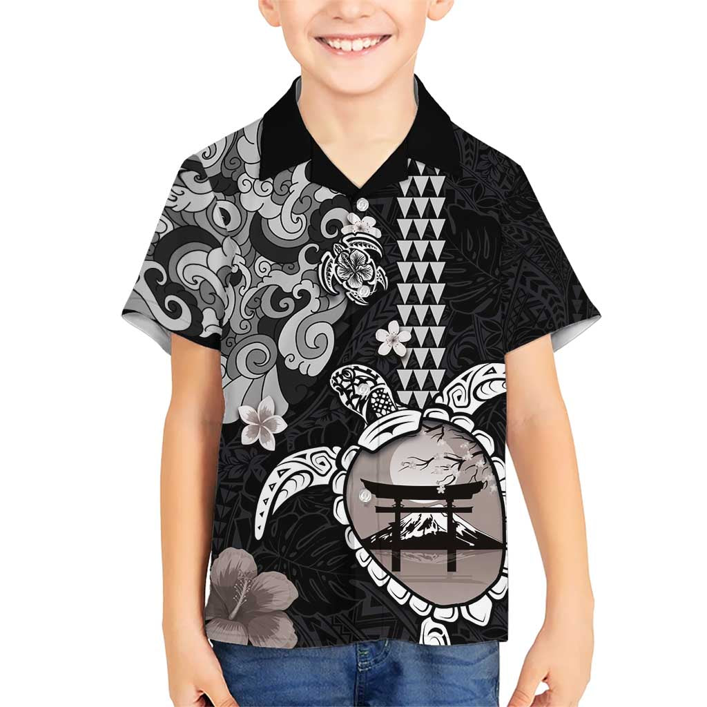 Hawaiian and Japanese Together Kid Hawaiian Shirt Japanese Culture and Turtle Kakau Tattoo Black Color