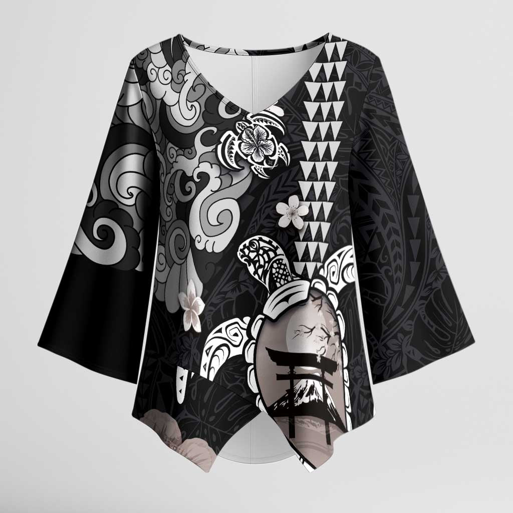 Hawaiian and Japanese Together Kimono Sleeve Blouse Japanese Culture and Turtle Kakau Tattoo Black Color - Polynesian Pride