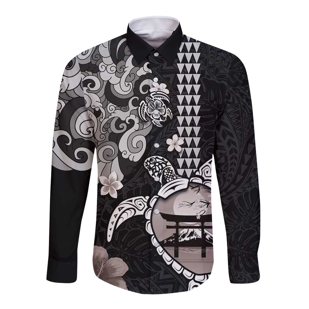 Hawaiian and Japanese Together Long Sleeve Button Shirt Japanese Culture and Turtle Kakau Tattoo Black Color LT03 Unisex Black - Polynesian Pride
