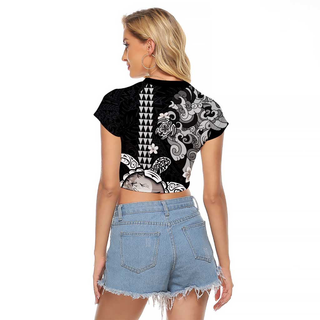 Hawaiian and Japanese Together Raglan Cropped T Shirt Japanese Culture and Turtle Kakau Tattoo Black Color