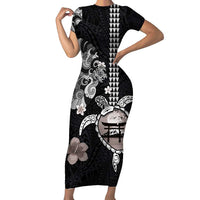 Hawaiian and Japanese Together Short Sleeve Bodycon Dress Japanese Culture and Turtle Kakau Tattoo Black Color