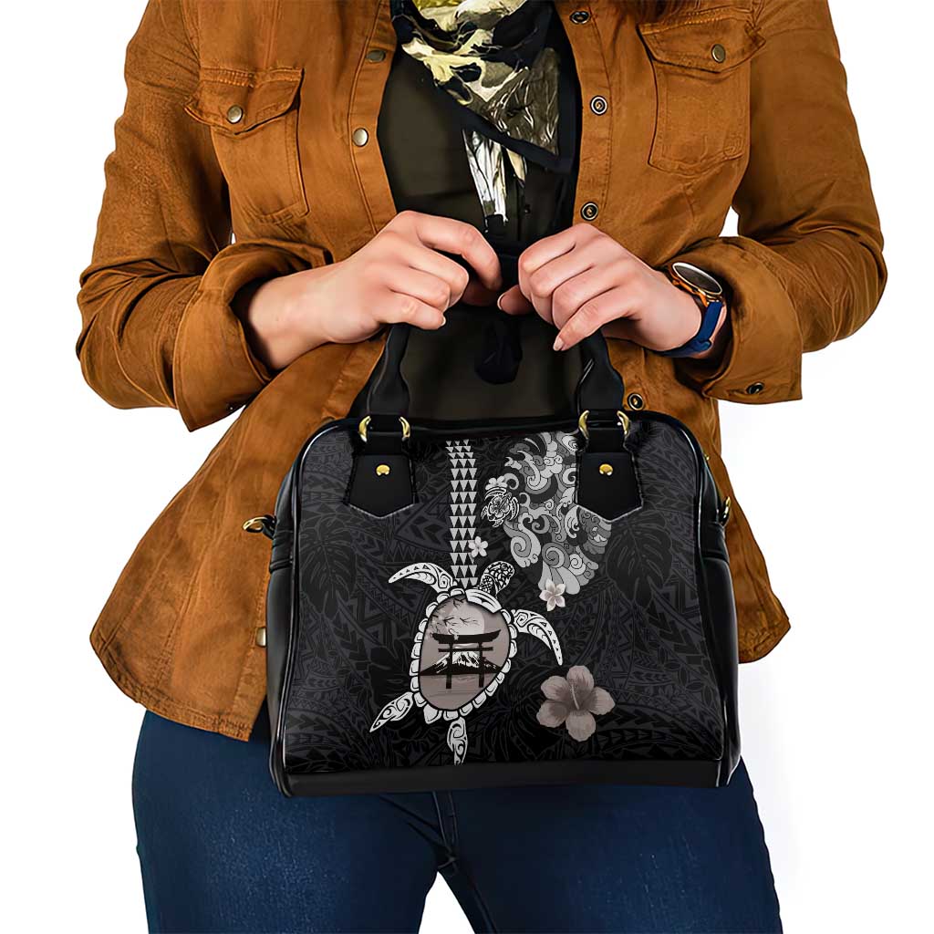 Hawaiian and Japanese Together Shoulder Handbag Japanese Culture and Turtle Kakau Tattoo Black Color
