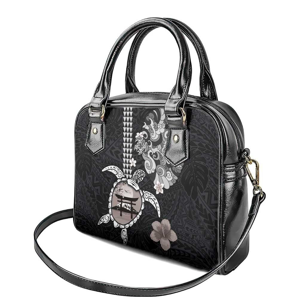 Hawaiian and Japanese Together Shoulder Handbag Japanese Culture and Turtle Kakau Tattoo Black Color