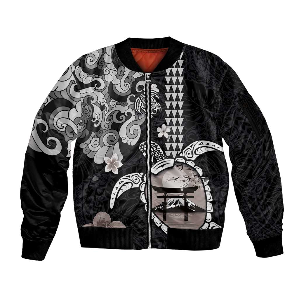 Hawaiian and Japanese Together Sleeve Zip Bomber Jacket Japanese Culture and Turtle Kakau Tattoo Black Color LT03 Unisex Black - Polynesian Pride