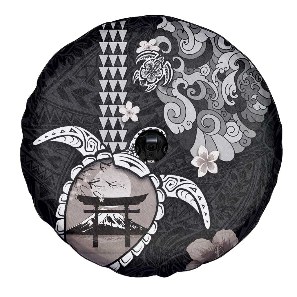 Hawaiian and Japanese Together Spare Tire Cover Japanese Culture and Turtle Kakau Tattoo Black Color