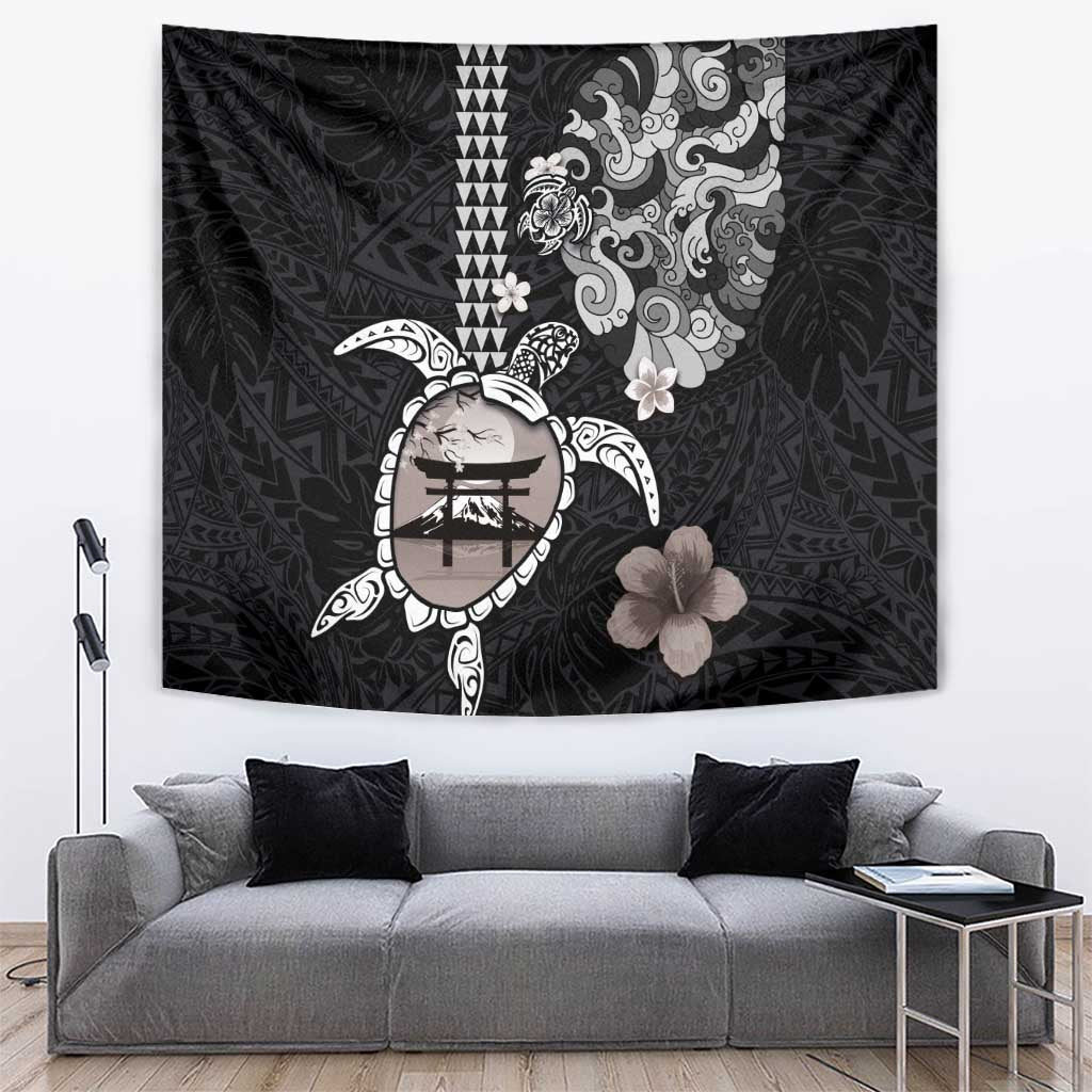 Hawaiian and Japanese Together Tapestry Japanese Culture and Turtle Kakau Tattoo Black Color LT03 Black - Polynesian Pride