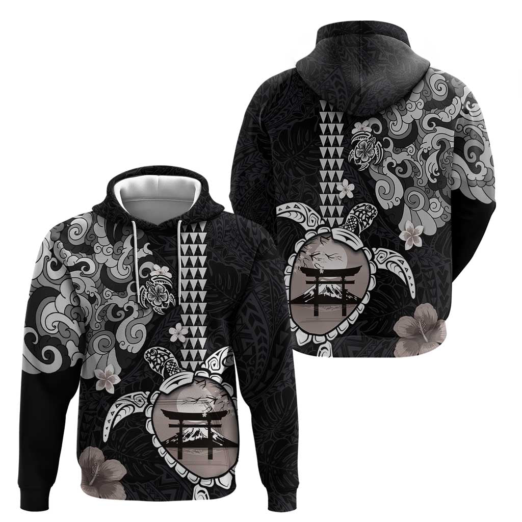 Hawaiian and Japanese Together Zip Hoodie Japanese Culture and Turtle Kakau Tattoo Black Color