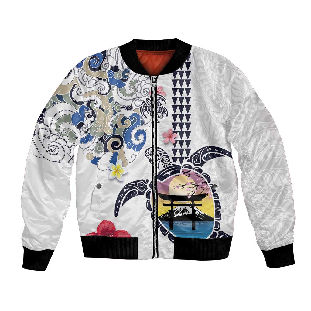 Hawaiian and Japanese Together Bomber Jacket Japanese Culture and Turtle Kakau Tattoo White Color LT03 Unisex White - Polynesian Pride
