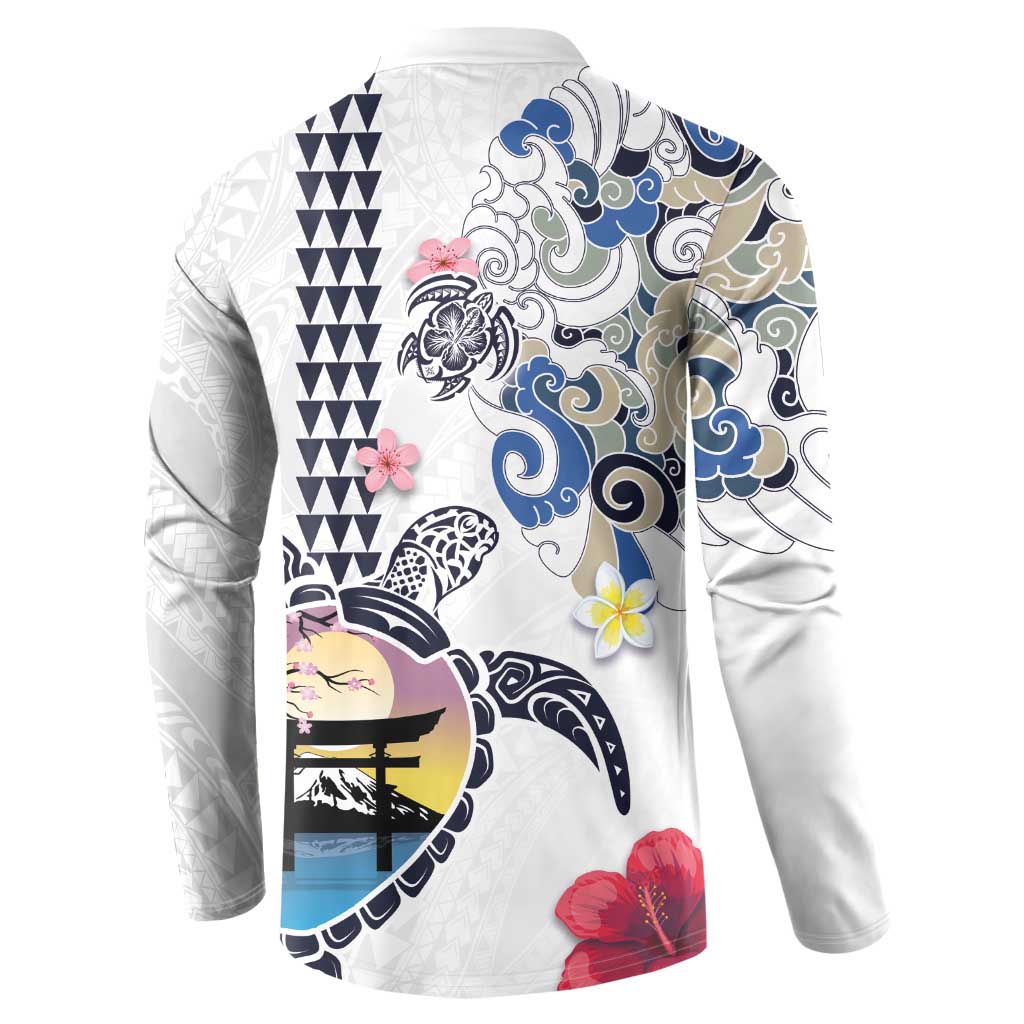 Hawaiian and Japanese Together Button Sweatshirt Japanese Culture and Turtle Kakau Tattoo White Color