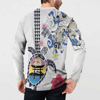 Hawaiian and Japanese Together Button Sweatshirt Japanese Culture and Turtle Kakau Tattoo White Color