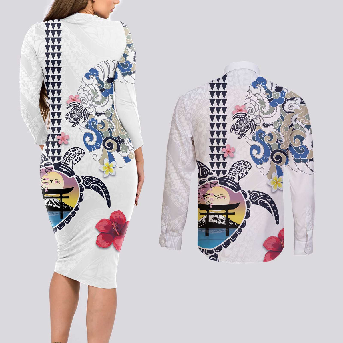 Hawaiian and Japanese Together Couples Matching Long Sleeve Bodycon Dress and Long Sleeve Button Shirt Japanese Culture and Turtle Kakau Tattoo White Color