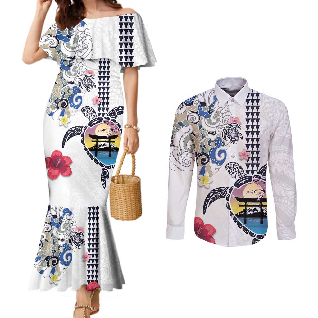 Hawaiian and Japanese Together Couples Matching Mermaid Dress and Long Sleeve Button Shirt Japanese Culture and Turtle Kakau Tattoo White Color LT03 White - Polynesian Pride