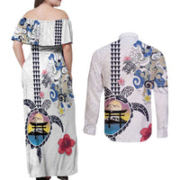 Hawaiian and Japanese Together Couples Matching Off Shoulder Maxi Dress and Long Sleeve Button Shirt Japanese Culture and Turtle Kakau Tattoo White Color