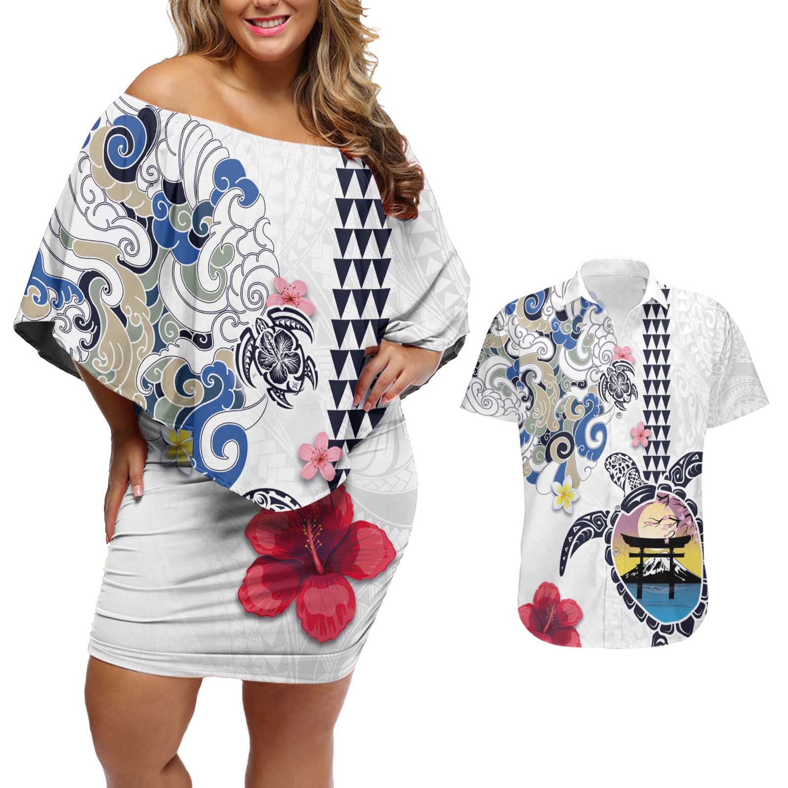 Hawaiian and Japanese Together Couples Matching Off Shoulder Short Dress and Hawaiian Shirt Japanese Culture and Turtle Kakau Tattoo White Color LT03 White - Polynesian Pride