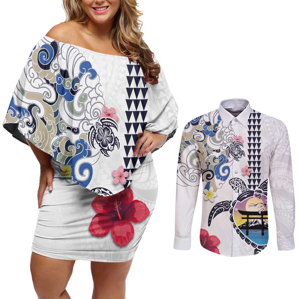Hawaiian and Japanese Together Couples Matching Off Shoulder Short Dress and Long Sleeve Button Shirt Japanese Culture and Turtle Kakau Tattoo White Color LT03 White - Polynesian Pride