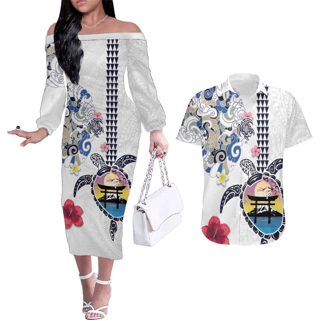 Hawaiian and Japanese Together Couples Matching Off The Shoulder Long Sleeve Dress and Hawaiian Shirt Japanese Culture and Turtle Kakau Tattoo White Color LT03 White - Polynesian Pride