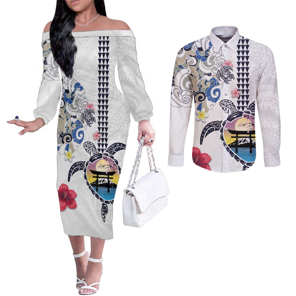 Hawaiian and Japanese Together Couples Matching Off The Shoulder Long Sleeve Dress and Long Sleeve Button Shirt Japanese Culture and Turtle Kakau Tattoo White Color LT03 White - Polynesian Pride