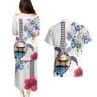 Hawaiian and Japanese Together Couples Matching Puletasi and Hawaiian Shirt Japanese Culture and Turtle Kakau Tattoo White Color