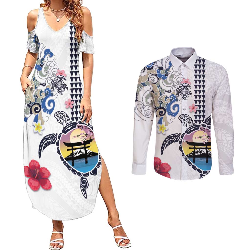Hawaiian and Japanese Together Couples Matching Summer Maxi Dress and Long Sleeve Button Shirt Japanese Culture and Turtle Kakau Tattoo White Color LT03 White - Polynesian Pride