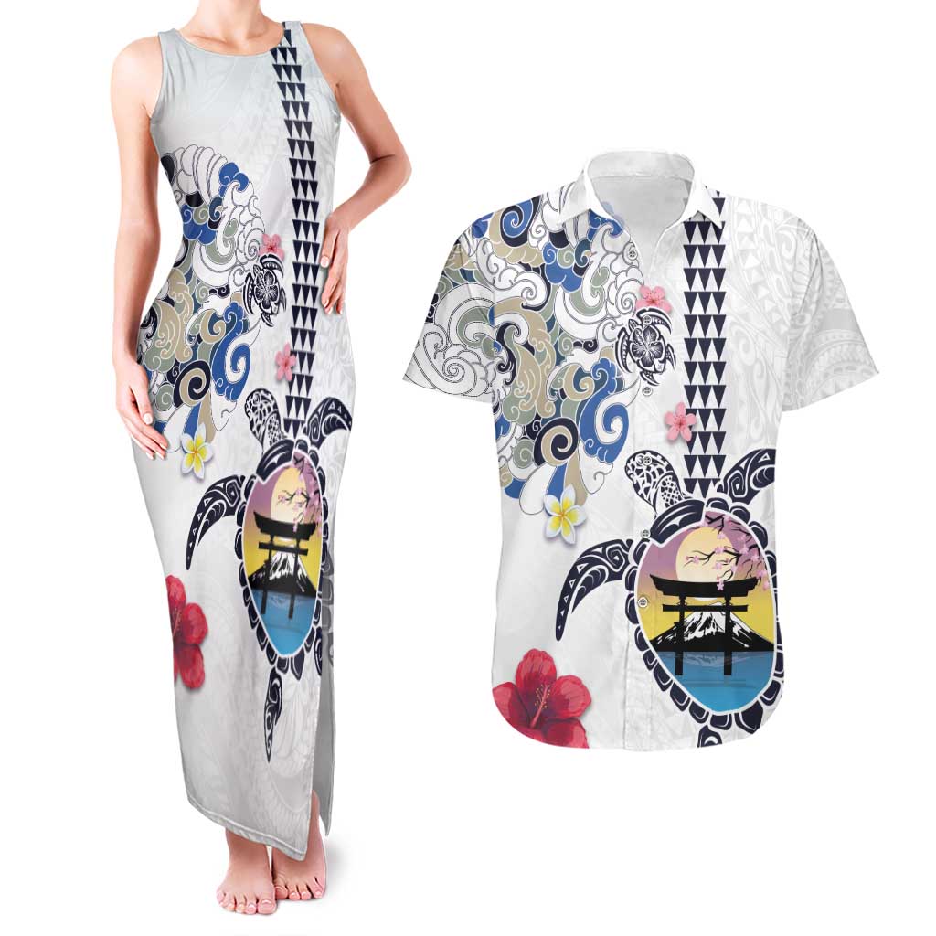 Hawaiian and Japanese Together Couples Matching Tank Maxi Dress and Hawaiian Shirt Japanese Culture and Turtle Kakau Tattoo White Color LT03 White - Polynesian Pride