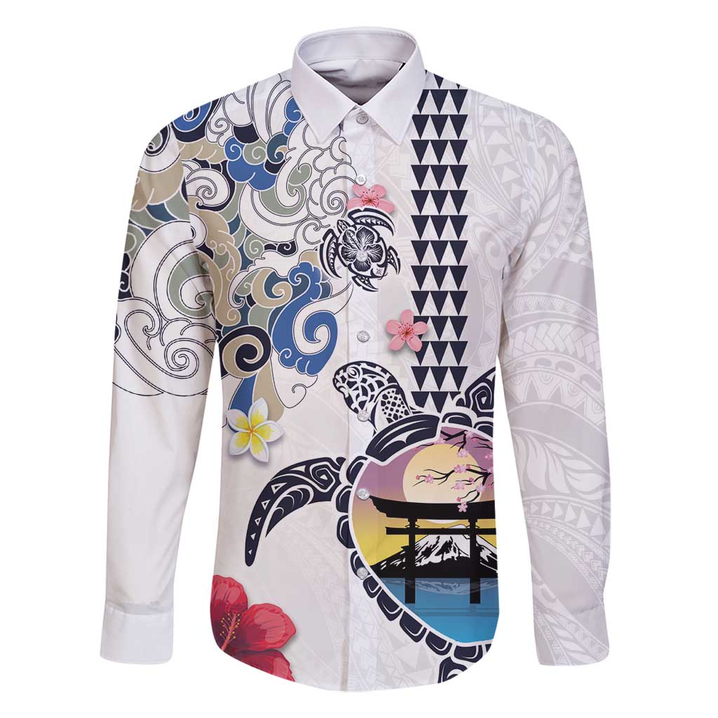 Hawaiian and Japanese Together Family Matching Mermaid Dress and Hawaiian Shirt Japanese Culture and Turtle Kakau Tattoo White Color LT03 Dad's Shirt - Long Sleeve White - Polynesian Pride