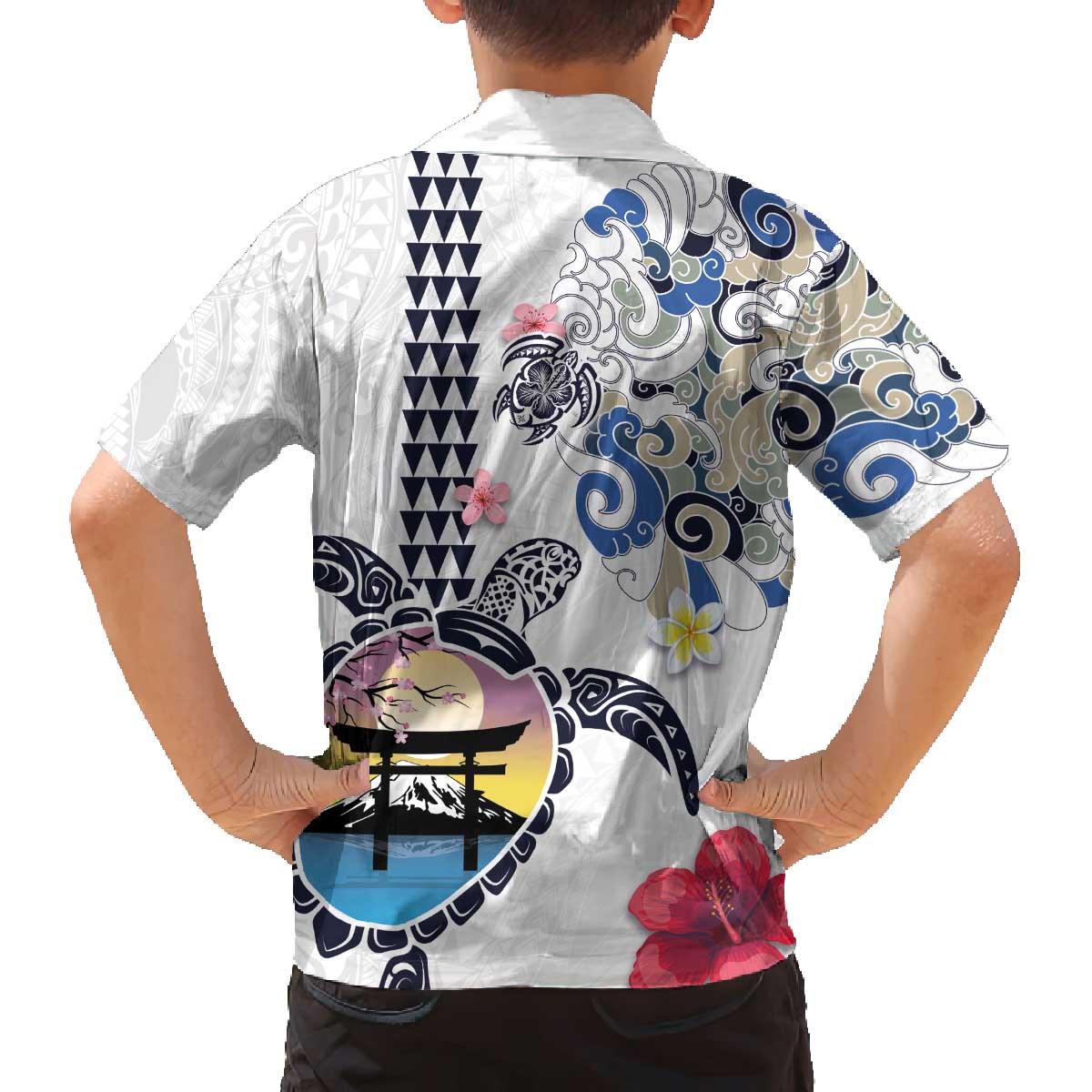 Hawaiian and Japanese Together Family Matching Off The Shoulder Long Sleeve Dress and Hawaiian Shirt Japanese Culture and Turtle Kakau Tattoo White Color LT03 - Polynesian Pride