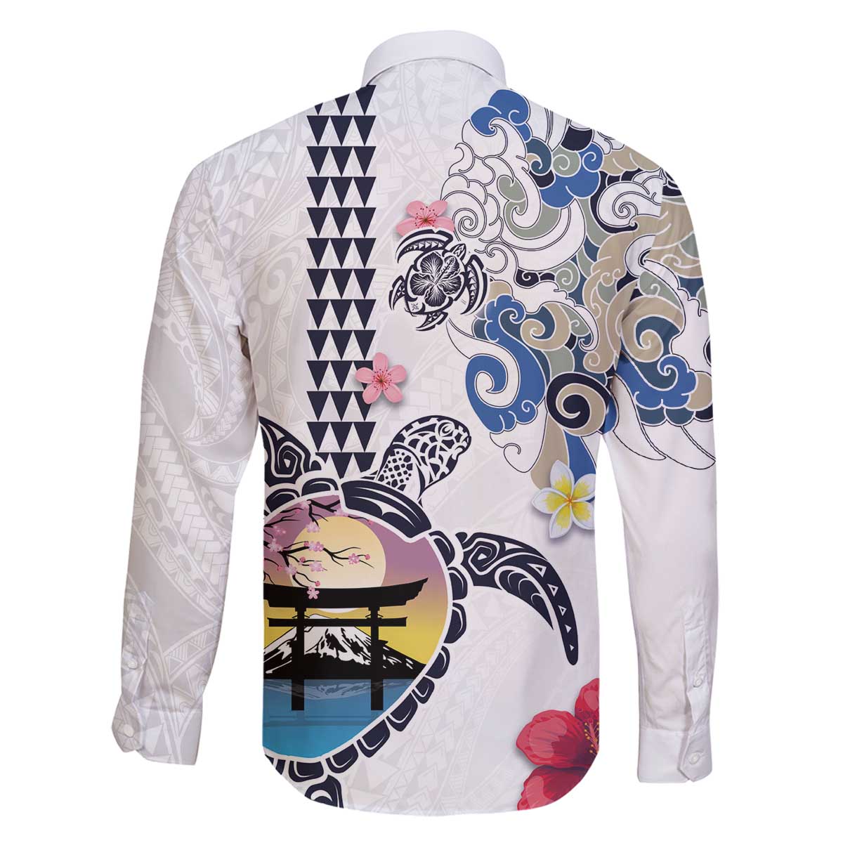 Hawaiian and Japanese Together Family Matching Off Shoulder Short Dress and Hawaiian Shirt Japanese Culture and Turtle Kakau Tattoo White Color LT03 - Polynesian Pride