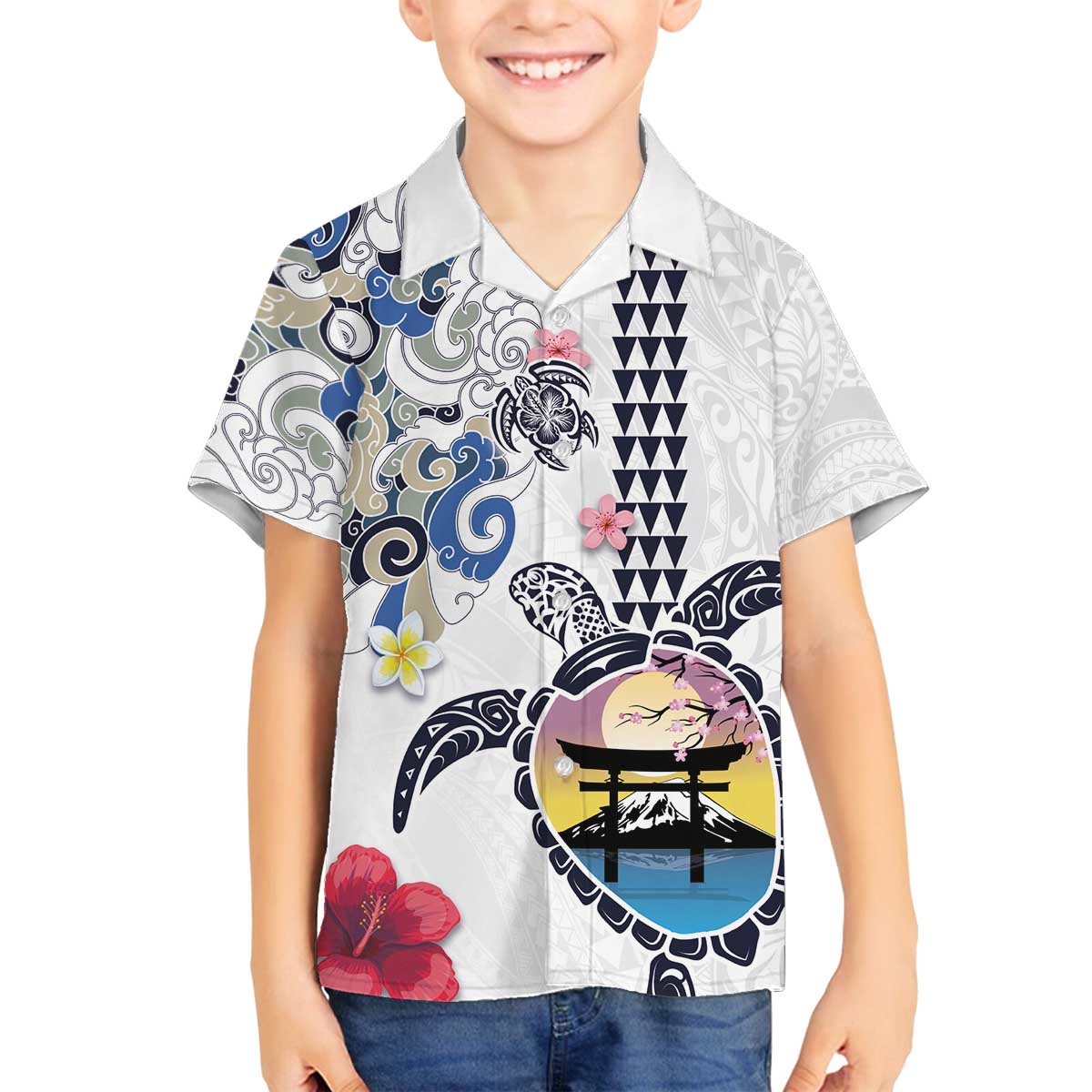 Hawaiian and Japanese Together Family Matching Off Shoulder Short Dress and Hawaiian Shirt Japanese Culture and Turtle Kakau Tattoo White Color LT03 Son's Shirt White - Polynesian Pride