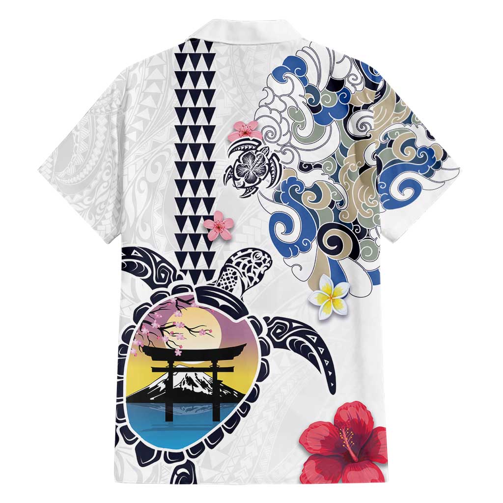 Hawaiian and Japanese Together Family Matching Short Sleeve Bodycon Dress and Hawaiian Shirt Japanese Culture and Turtle Kakau Tattoo White Color