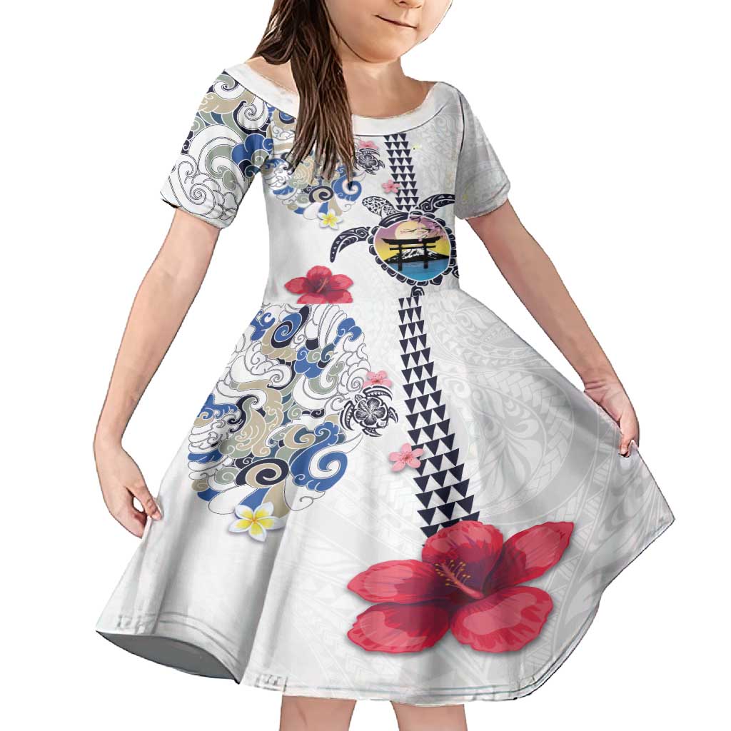 Hawaiian and Japanese Together Family Matching Summer Maxi Dress and Hawaiian Shirt Japanese Culture and Turtle Kakau Tattoo White Color LT03 Daughter's Dress White - Polynesian Pride