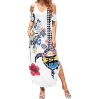 Hawaiian and Japanese Together Family Matching Summer Maxi Dress and Hawaiian Shirt Japanese Culture and Turtle Kakau Tattoo White Color LT03 Mom's Dress White - Polynesian Pride