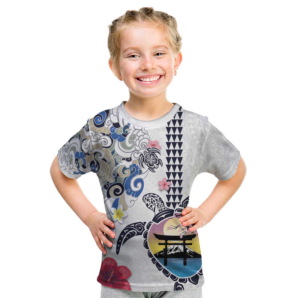 Hawaiian and Japanese Together Kid T Shirt Japanese Culture and Turtle Kakau Tattoo White Color