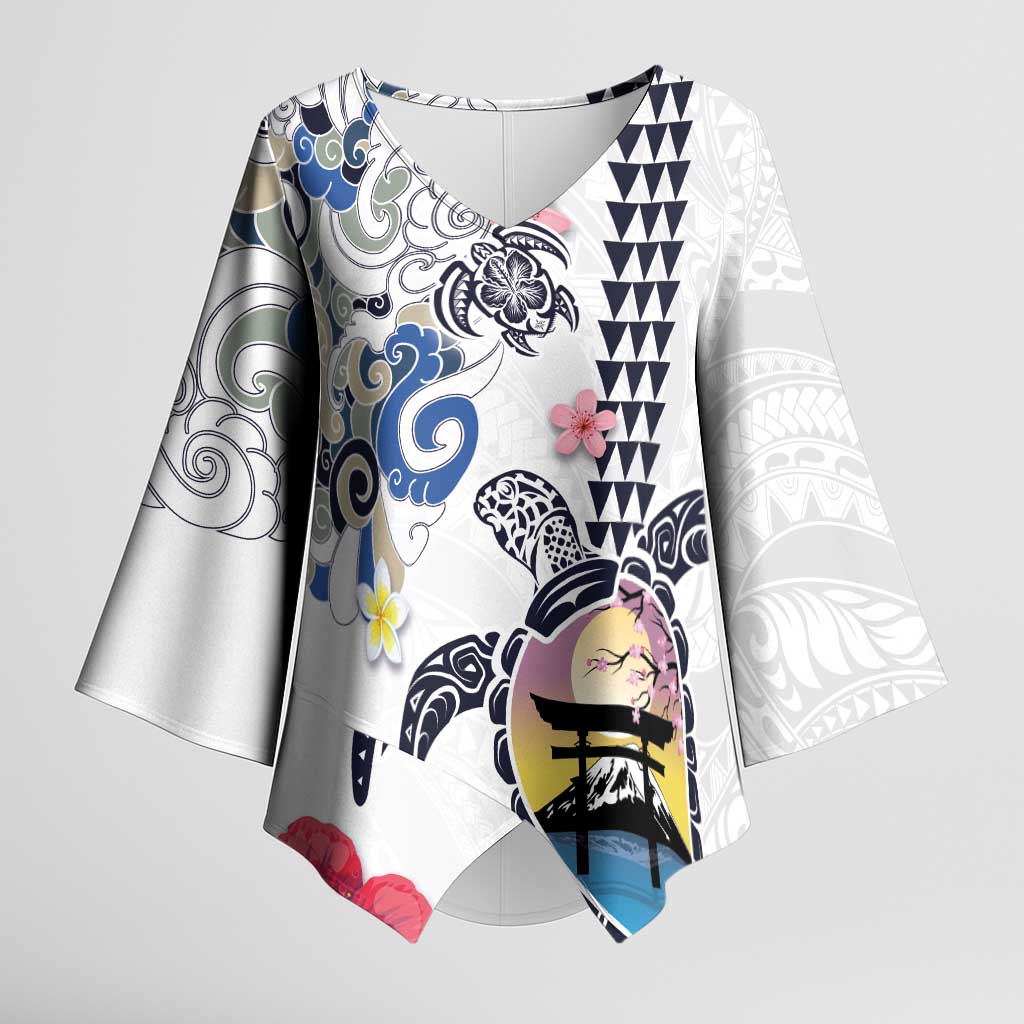 Hawaiian and Japanese Together Kimono Sleeve Blouse Japanese Culture and Turtle Kakau Tattoo White Color - Polynesian Pride