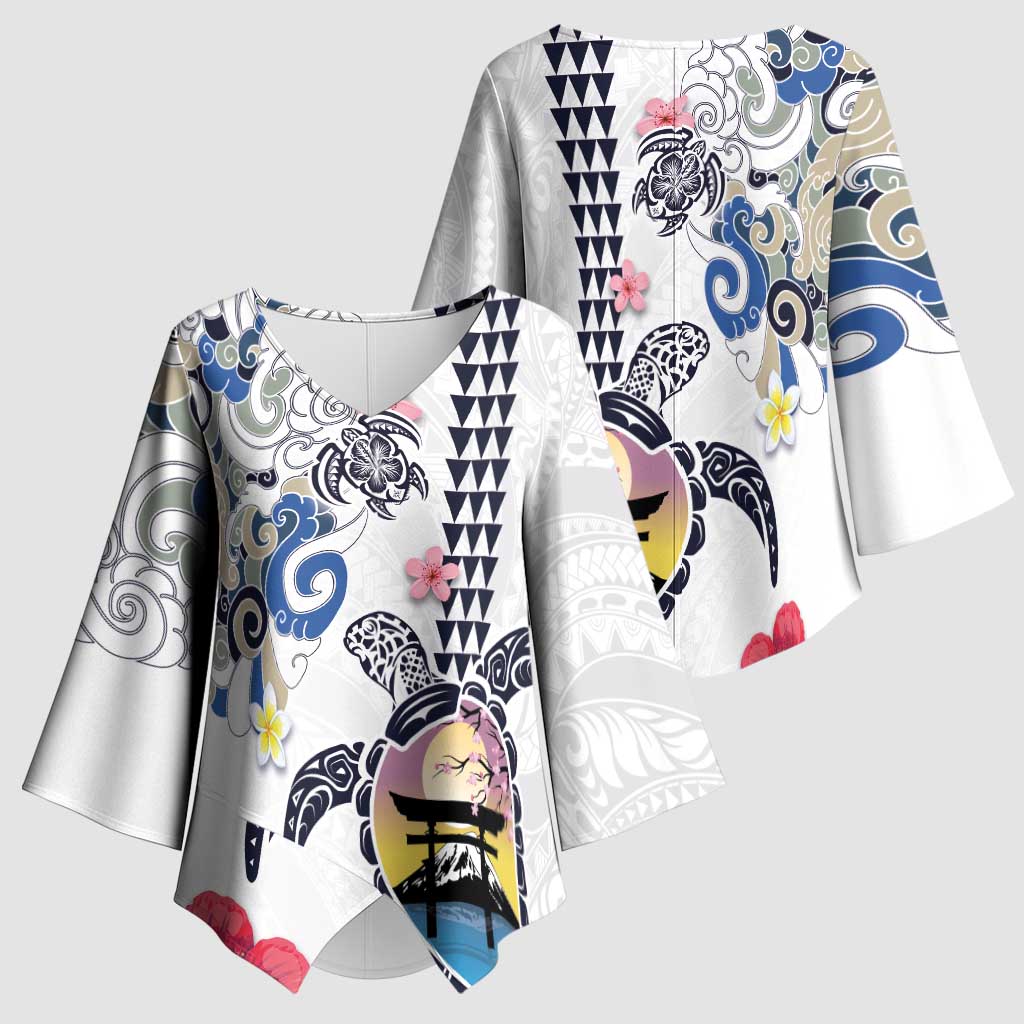 Hawaiian and Japanese Together Kimono Sleeve Blouse Japanese Culture and Turtle Kakau Tattoo White Color - Polynesian Pride