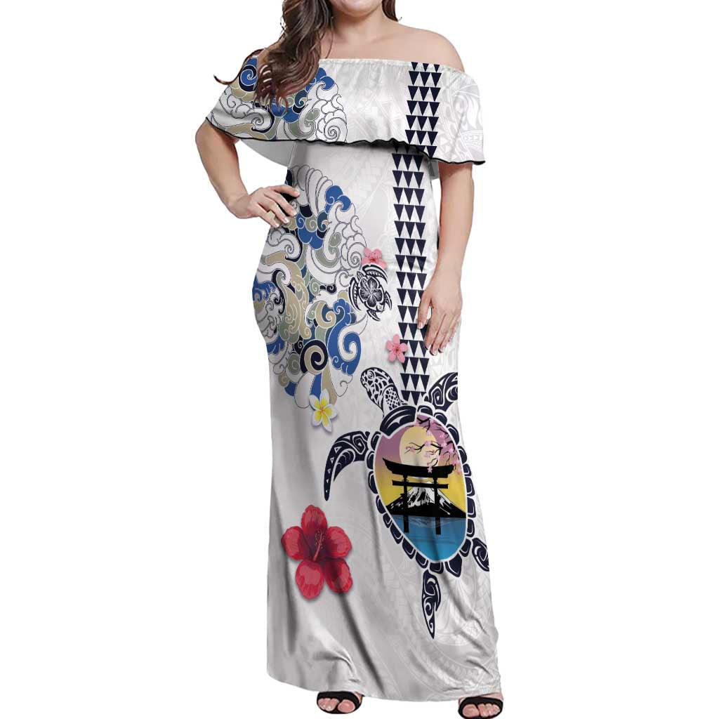 Hawaiian and Japanese Together Off Shoulder Maxi Dress Japanese Culture and Turtle Kakau Tattoo White Color