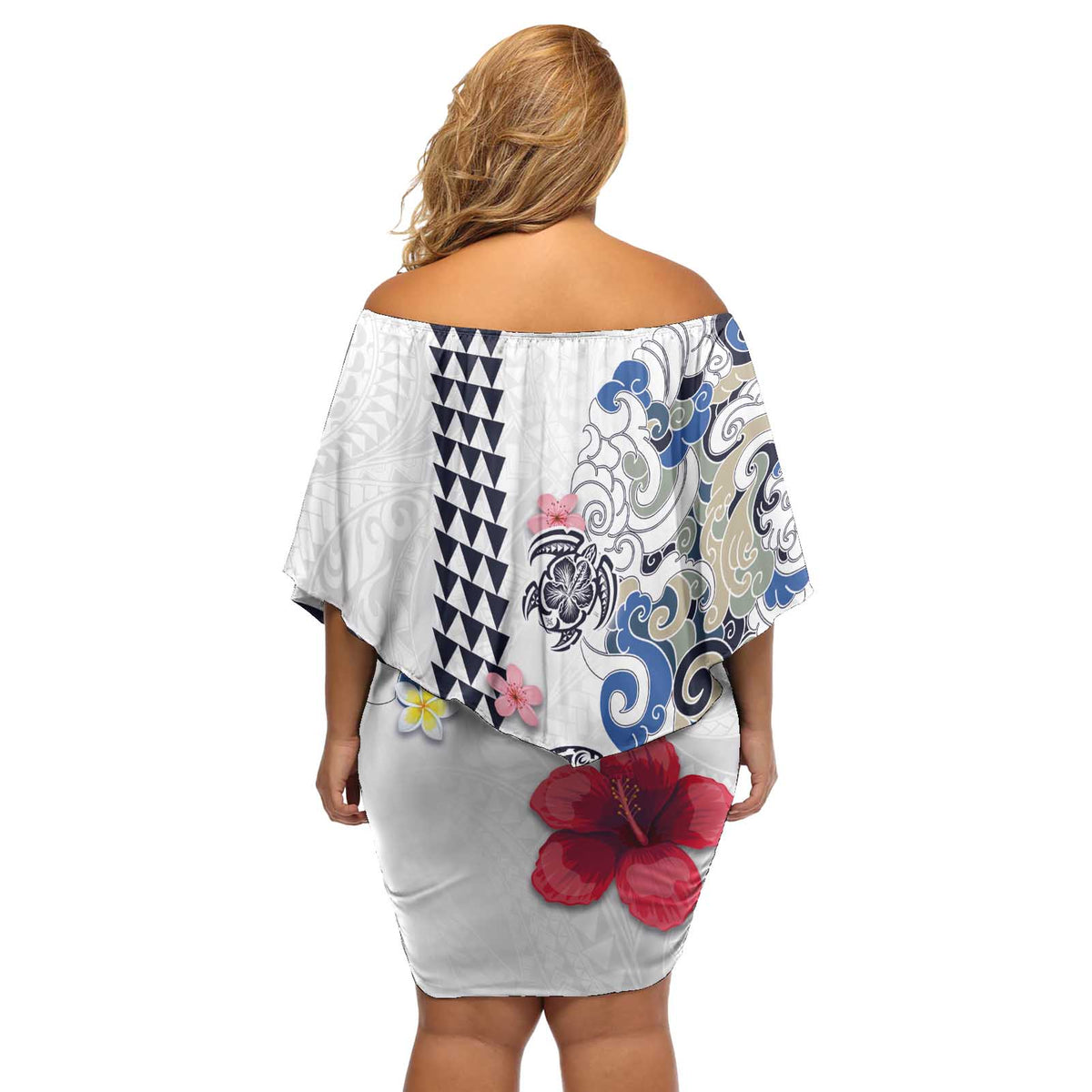 Hawaiian and Japanese Together Off Shoulder Short Dress Japanese Culture and Turtle Kakau Tattoo White Color