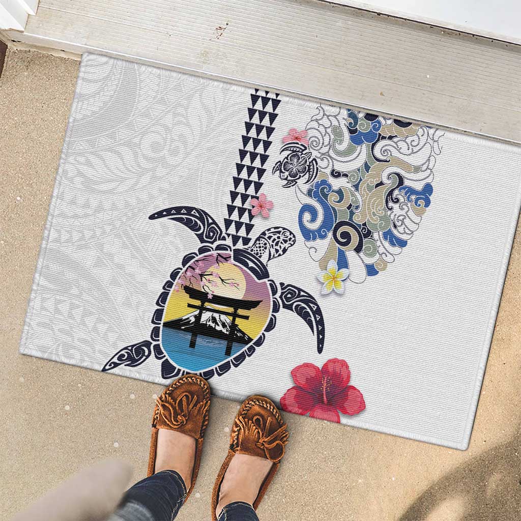 Hawaiian and Japanese Together Rubber Doormat Japanese Culture and Turtle Kakau Tattoo White Color