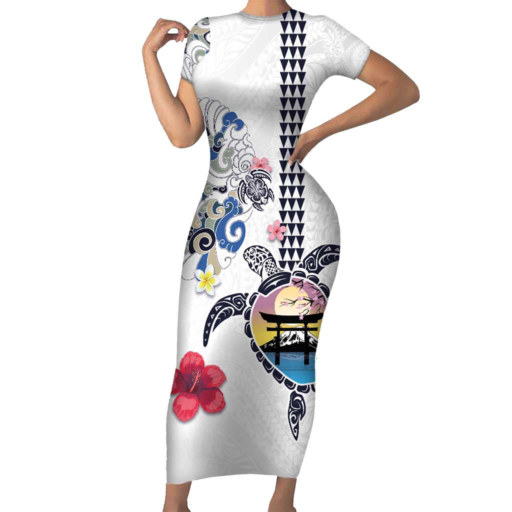 Hawaiian and Japanese Together Short Sleeve Bodycon Dress Japanese Culture and Turtle Kakau Tattoo White Color
