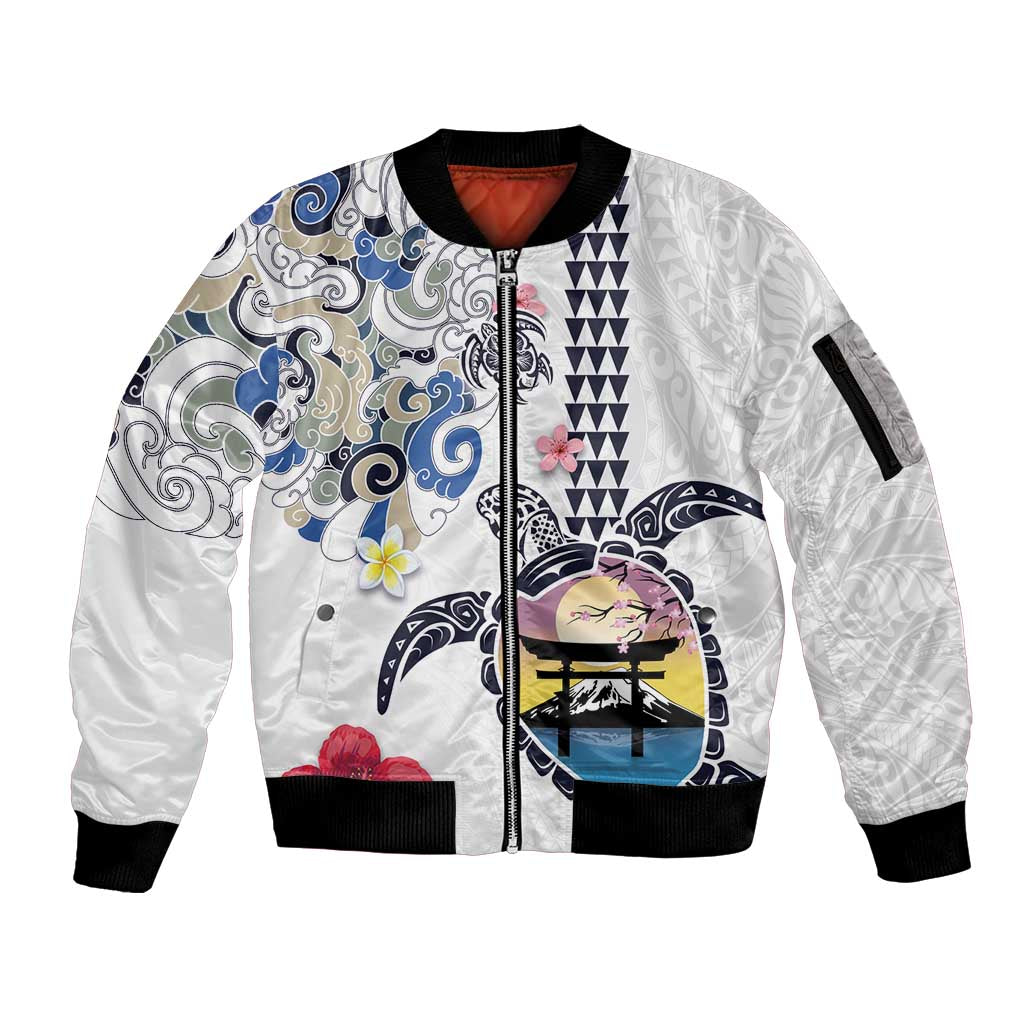 Hawaiian and Japanese Together Sleeve Zip Bomber Jacket Japanese Culture and Turtle Kakau Tattoo White Color LT03 Unisex White - Polynesian Pride