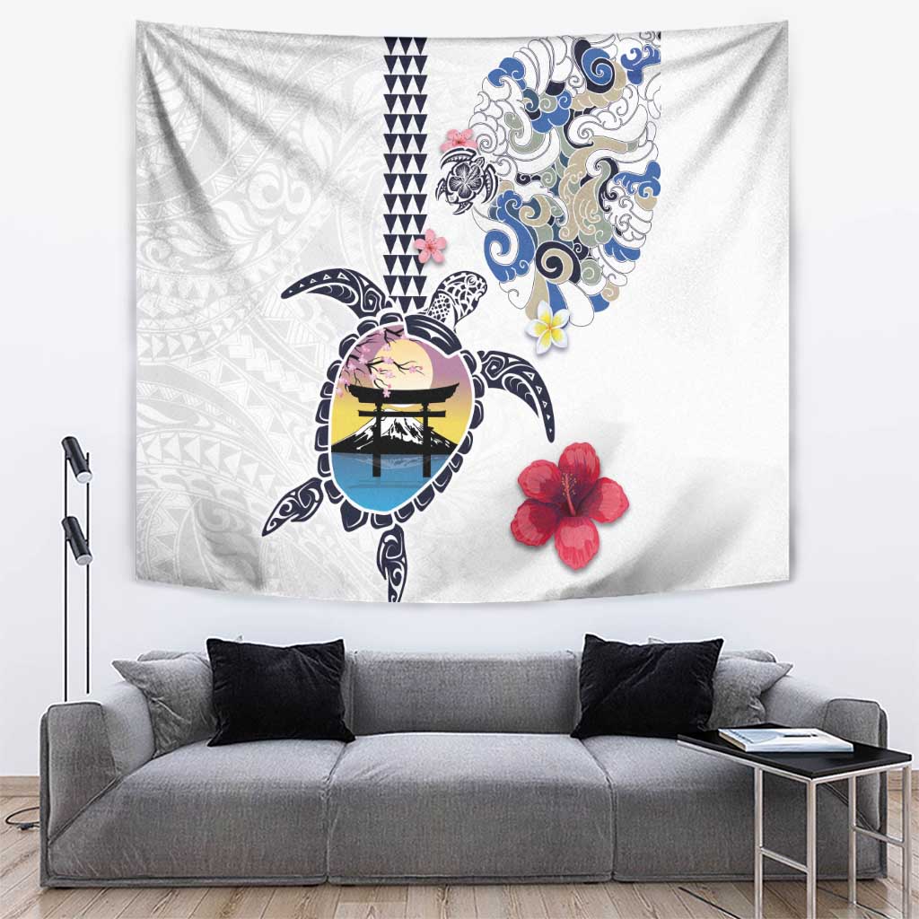 Hawaiian and Japanese Together Tapestry Japanese Culture and Turtle Kakau Tattoo White Color LT03 White - Polynesian Pride