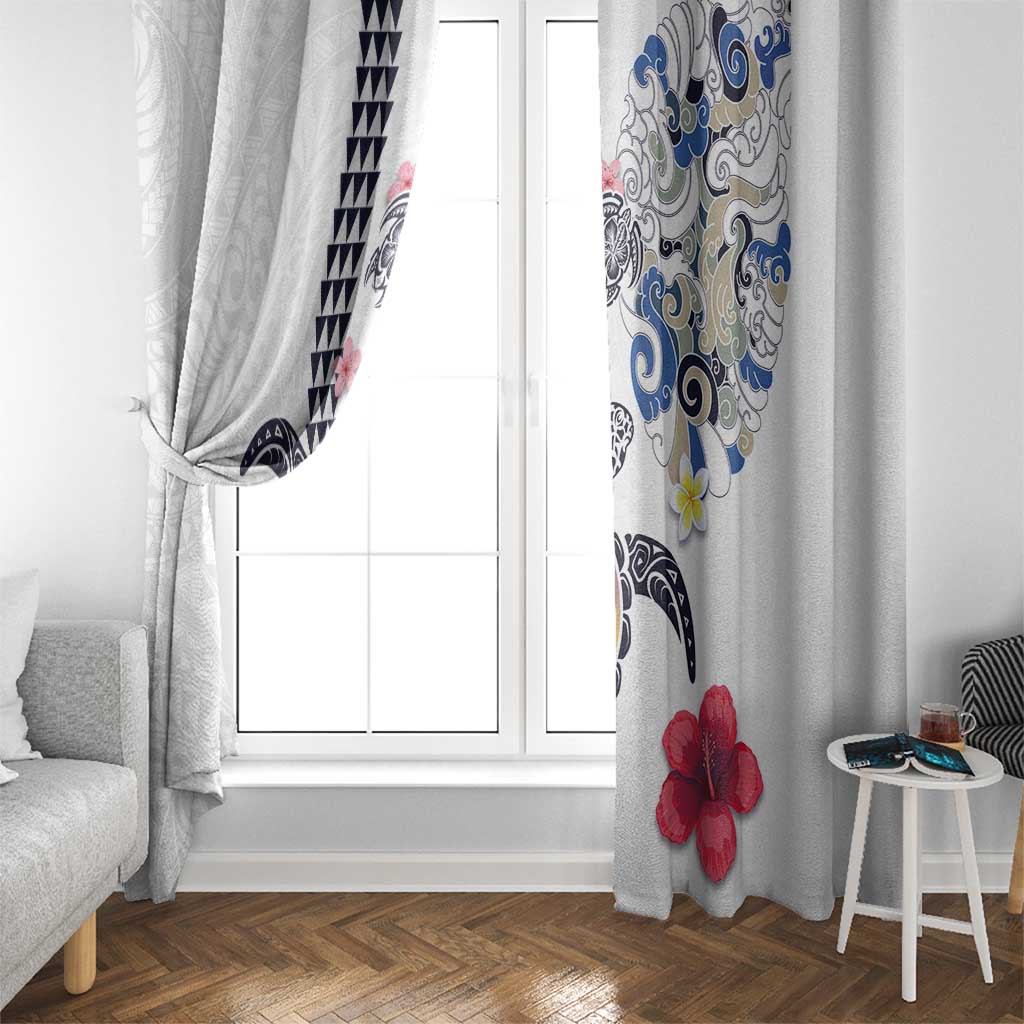 Hawaiian and Japanese Together Window Curtain Japanese Culture and Turtle Kakau Tattoo White Color