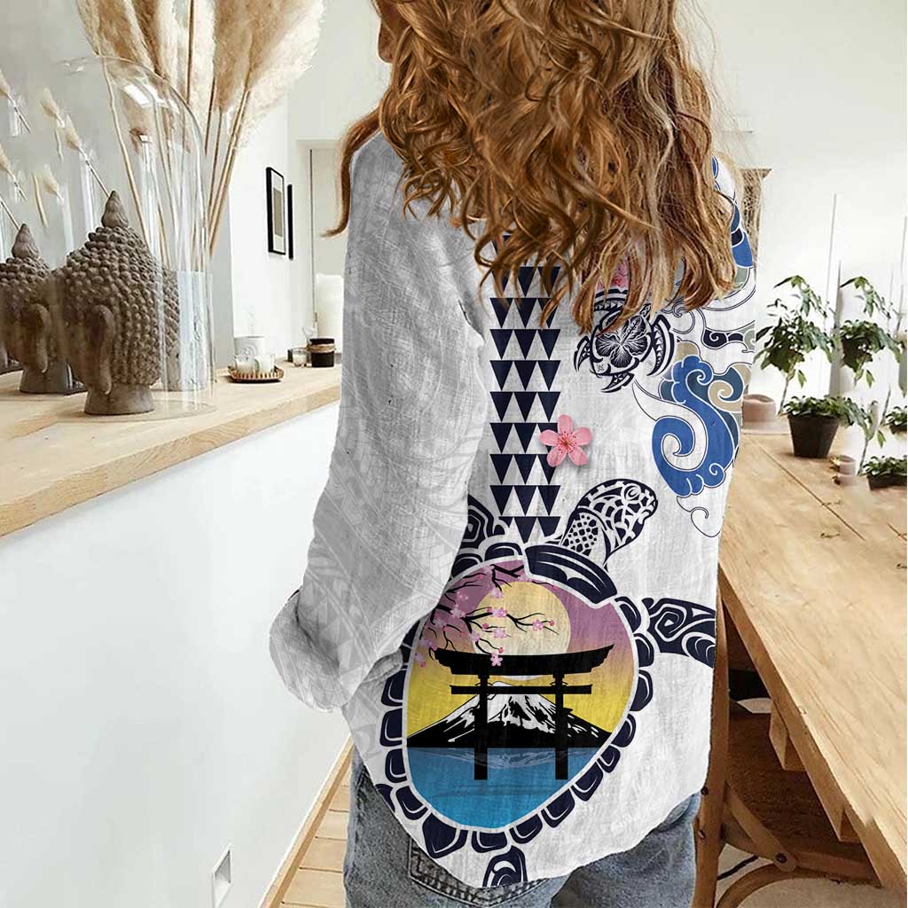 Hawaiian and Japanese Together Women Casual Shirt Japanese Culture and Turtle Kakau Tattoo White Color