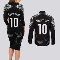 New Zealand Rugby Custom Couples Matching Long Sleeve Bodycon Dress and Long Sleeve Button Shirt Aotearoa Armour Blacks Silver Ferns - Polynesian Pride