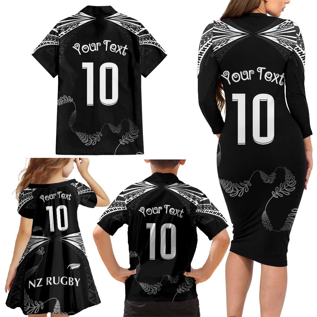 New Zealand Rugby Custom Family Matching Long Sleeve Bodycon Dress and Hawaiian Shirt Aotearoa Armour Blacks Silver Ferns - Polynesian Pride