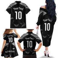 New Zealand Rugby Custom Family Matching Off The Shoulder Long Sleeve Dress and Hawaiian Shirt Aotearoa Armour Blacks Silver Ferns - Polynesian Pride