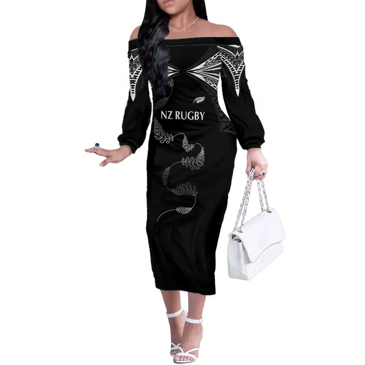 New Zealand Rugby Custom Family Matching Off The Shoulder Long Sleeve Dress and Hawaiian Shirt Aotearoa Armour Blacks Silver Ferns - Polynesian Pride