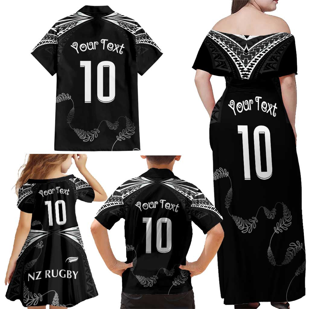 New Zealand Rugby Custom Family Matching Off Shoulder Maxi Dress and Hawaiian Shirt Aotearoa Armour Blacks Silver Ferns - Polynesian Pride