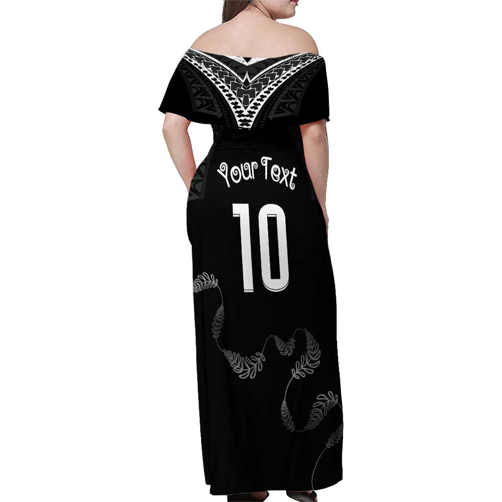 New Zealand Rugby Custom Family Matching Off Shoulder Maxi Dress and Hawaiian Shirt Aotearoa Armour Blacks Silver Ferns - Polynesian Pride