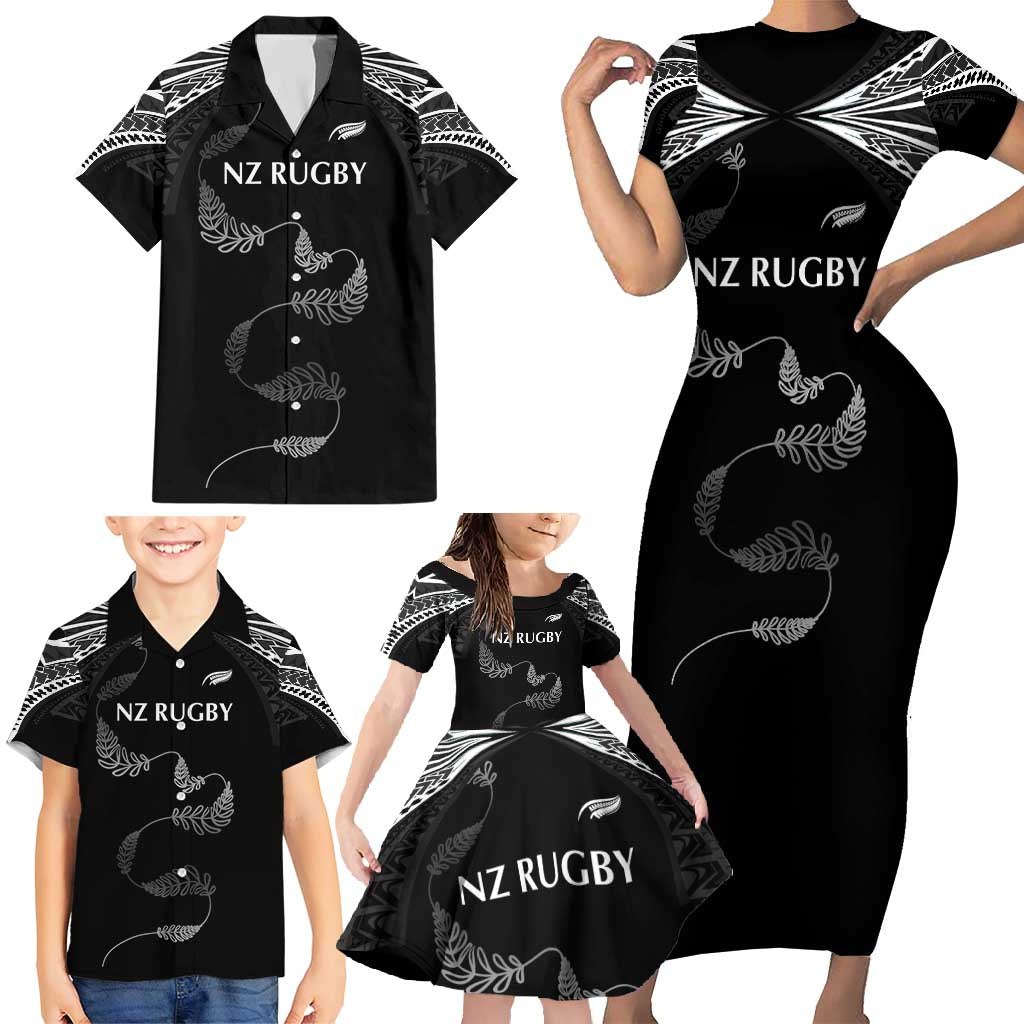 New Zealand Rugby Custom Family Matching Short Sleeve Bodycon Dress and Hawaiian Shirt Aotearoa Armour Blacks Silver Ferns - Polynesian Pride